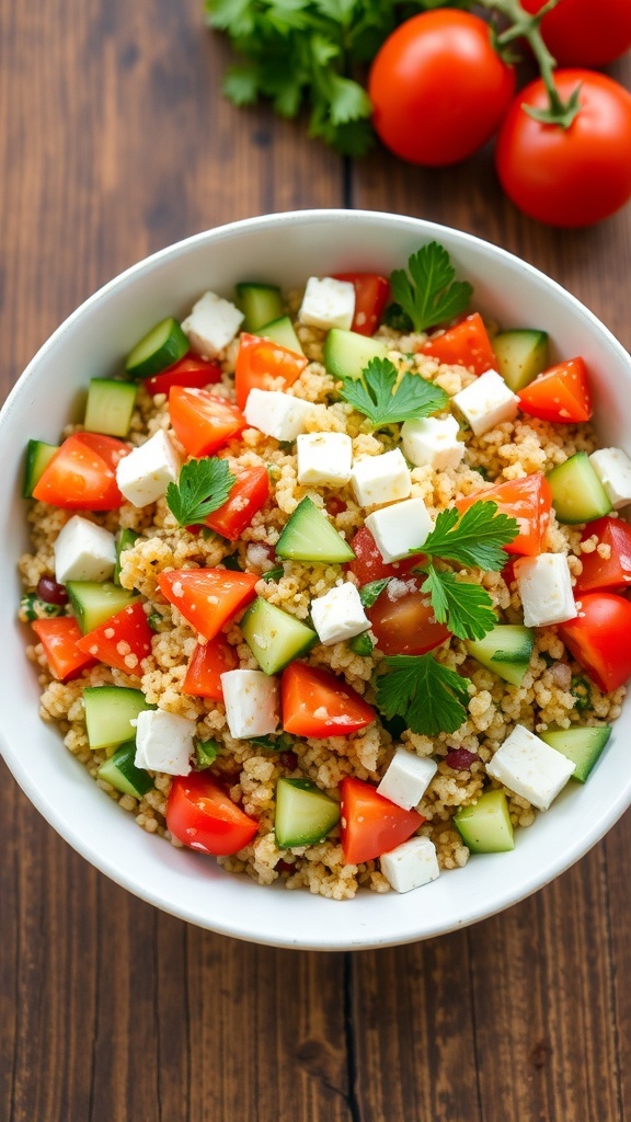 A colorful Greek quinoa salad with cucumbers, tomatoes, feta cheese, and olives in a bowl on a wooden table.